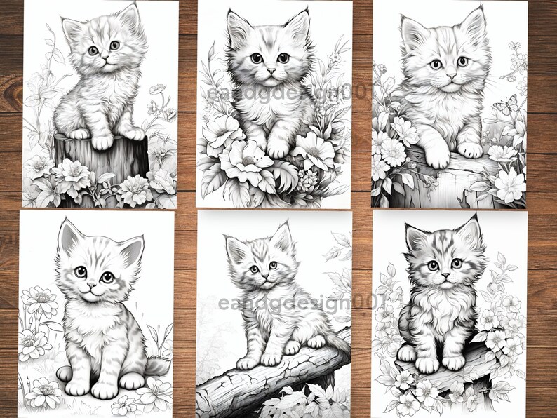 May include: Six black and white coloring pages featuring cute kittens with flowers and butterflies. Each kitten is sitting on a log or stump.