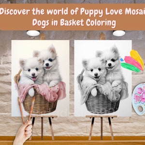 May include: Two white puppies in a wicker basket with a pink blanket. The puppies are on an easel with a blank canvas next to a canvas with a black and white drawing of the puppies. A paint palette and brushes are on the right side of the image.