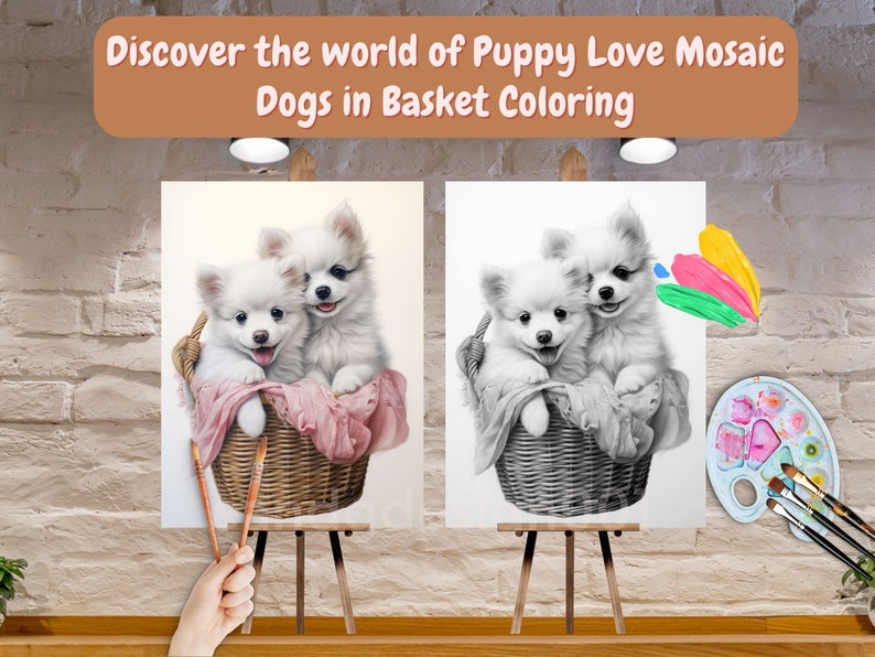 May include: Two white puppies in a wicker basket with a pink blanket. The puppies are on an easel with a blank canvas next to a canvas with a black and white drawing of the puppies. A paint palette and brushes are on the right side of the image.