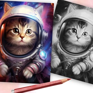 May include: A colourful illustration of a tabby kitten in a space helmet and suit, set against a vibrant galaxy backdrop with planets. A black and white version of the same image is also present. A red pencil is in the foreground.