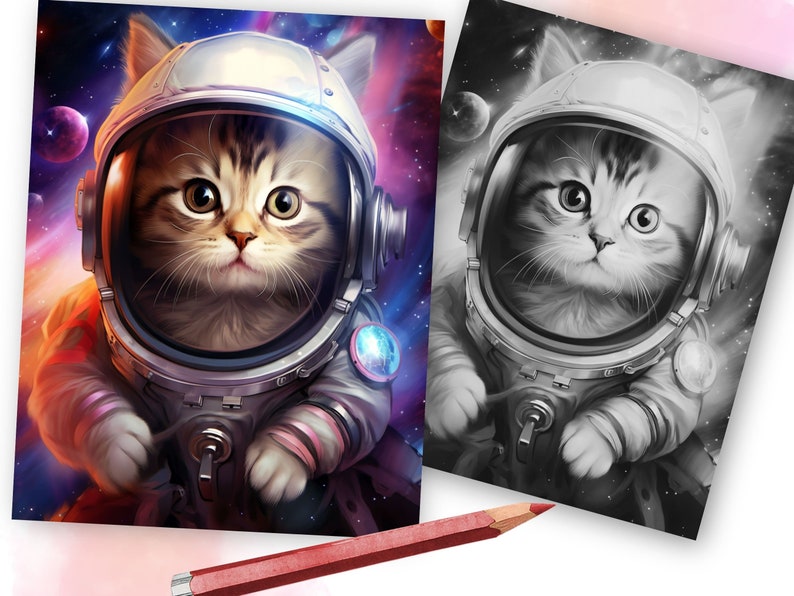May include: A colourful illustration of a tabby kitten in a space helmet and suit, set against a vibrant galaxy backdrop with planets. A black and white version of the same image is also present. A red pencil is in the foreground.