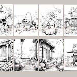 May include: A set of eight black and white printable coloring pages featuring autumnal themes. The images include a skull with a pumpkin, a picnic basket with grapes and cheese, a house with a porch, a flower with a pumpkin, a porch with a bench, a porch with chairs, a fence with a cowboy hat, and a house with a porch.