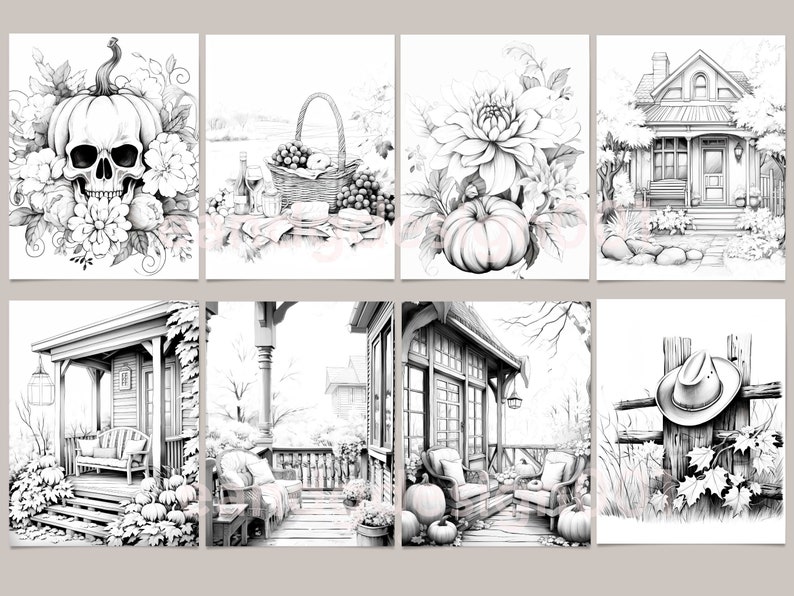 May include: A set of eight black and white printable coloring pages featuring autumnal themes. The images include a skull with a pumpkin, a picnic basket with grapes and cheese, a house with a porch, a flower with a pumpkin, a porch with a bench, a porch with chairs, a fence with a cowboy hat, and a house with a porch.