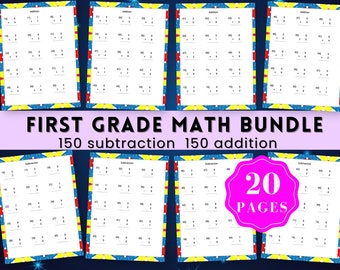 May include: A set of 20 printable worksheets for first grade math. The worksheets feature 150 addition and 150 subtraction problems. The worksheets are designed with a colorful border and a fun, circus-themed design.