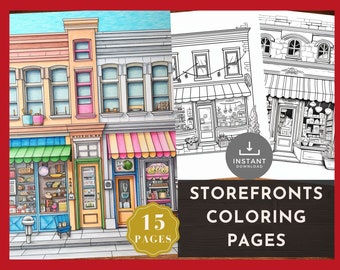 Storefronts Coloring Pages,Boho and Hygge Interior coloring, Building, Shops, Instant Download,Adults, Kids, mindfulness, Stress Relief