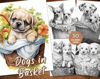 Dogs in Baskets coloring Pages Puppy Coloring sheets Printable Coloring Pages of Puppies Grayscale Coloring Book Adult Coloring Dogs PDF
