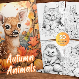 Autumn Animals Coloring Pages Fall Animals Coloring Book for Adults Instant Download Autumn Animals Grayscale Coloring Sheets Autumn Charm
