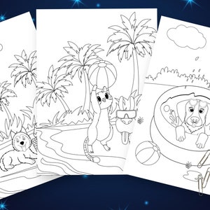 Puede incluir: P&aacute;gina para colorear en blanco y negro con tres animales disfrutando del verano. Un perro est&aacute; en una piscina, un gato sostiene una pelota de playa y un perro est&aacute; tumbado en la playa.