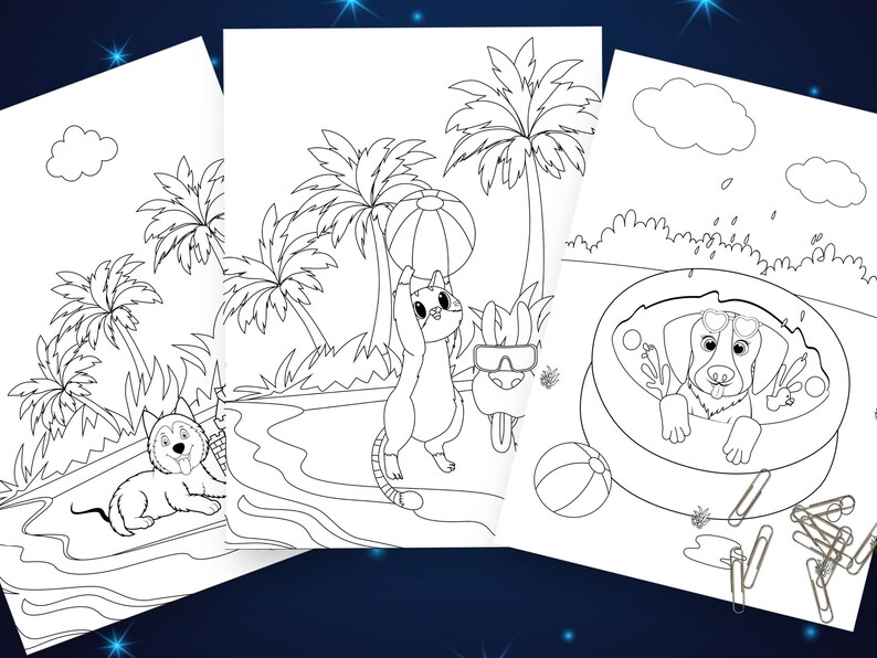 Puede incluir: P&aacute;gina para colorear en blanco y negro con tres animales disfrutando del verano. Un perro est&aacute; en una piscina, un gato sostiene una pelota de playa y un perro est&aacute; tumbado en la playa.