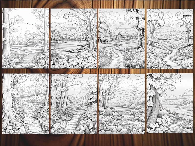 May include: A set of eight black and white line drawings of various nature scenes. Each drawing features trees, paths, and other natural elements. The drawings are perfect for coloring or use as inspiration for art projects.