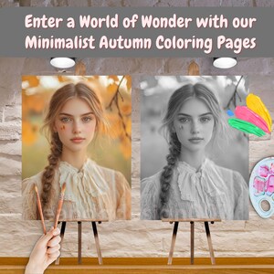 May include: Two canvases on easels, one with a color image of a woman with long brown hair and the other with a black and white image of the same woman. The woman is wearing a white blouse and has a braid in her hair. The canvases are on a wooden surface with a paint palette and brushes.