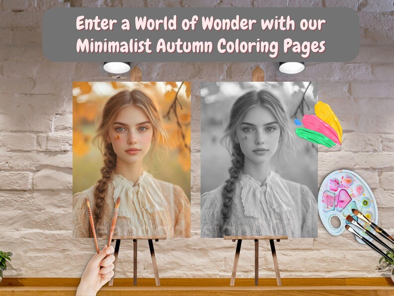 May include: Two canvases on easels, one with a color image of a woman with long brown hair and the other with a black and white image of the same woman. The woman is wearing a white blouse and has a braid in her hair. The canvases are on a wooden surface with a paint palette and brushes.