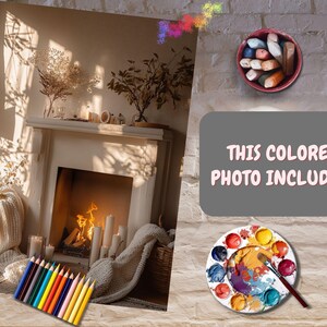 May include: A cozy living room with a fireplace, a white throw blanket, and a set of colored pencils. The fireplace has a fire burning inside and there are candles on the mantle. The text "THIS COLORED PHOTO INCLUDED" is on a gray sign.