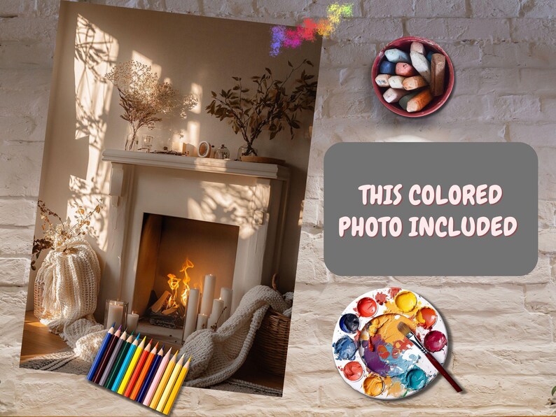 May include: A cozy living room with a fireplace, a white throw blanket, and a set of colored pencils. The fireplace has a fire burning inside and there are candles on the mantle. The text "THIS COLORED PHOTO INCLUDED" is on a gray sign.