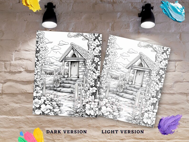 May include: A black and white illustration of a cottage with a stone facade, a wooden door, and a stone path leading up to the front door. The cottage is surrounded by lush greenery and flowers.