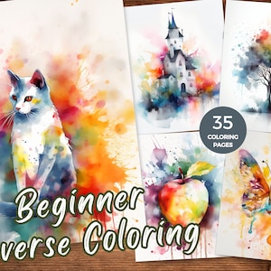May include: A set of 35 reverse coloring pages featuring watercolor illustrations of a cat, a castle, a tree, an apple, and a butterfly. The illustrations are in a colorful, abstract style with splashes of paint.