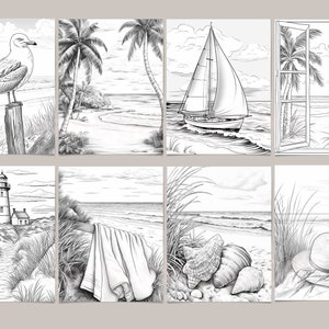 Op de afbeelding: Een set van acht zwart-wit illustraties met verschillende strandscenes. De illustraties omvatten een meeuw die op een paal zit, een zeilboot op het water, een vuurtoren aan een zandstrand, een handdoek op het strand, schelpen in het zand, een hoed in het zand en een raamzicht op een strand met palmbomen.