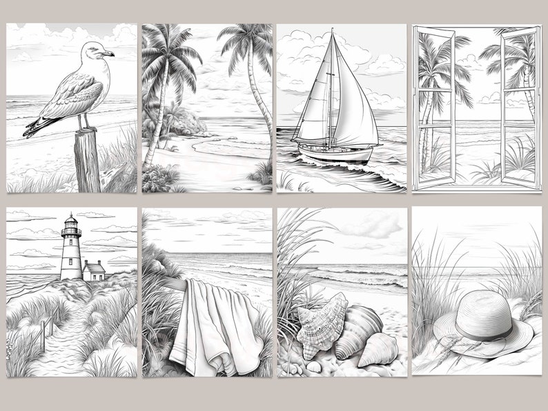 Op de afbeelding: Een set van acht zwart-wit illustraties met verschillende strandscenes. De illustraties omvatten een meeuw die op een paal zit, een zeilboot op het water, een vuurtoren aan een zandstrand, een handdoek op het strand, schelpen in het zand, een hoed in het zand en een raamzicht op een strand met palmbomen.