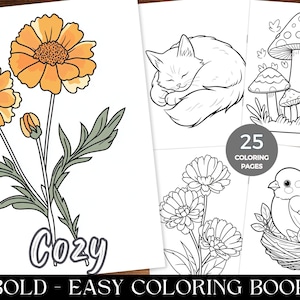 Bold and Cozy Coloring Book, Easy Stress Relief Coloring Pages, Printable PDF,  Relaxing Activity for Adults, Bold and Easy Coloring Sheets