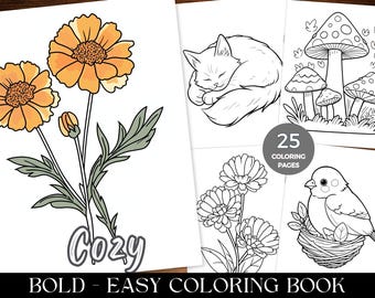 Bold and Cozy Coloring Book, Easy Stress Relief Coloring Pages, Printable PDF,  Relaxing Activity for Adults, Bold and Easy Coloring Sheets