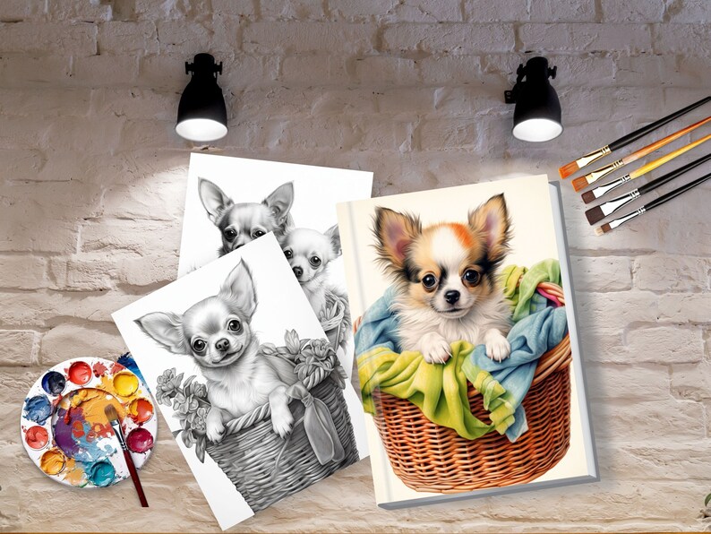 May include: Three black and white drawings of a chihuahua dog in a basket with flowers, and a color painting of a chihuahua dog in a basket with a blue and green blanket.