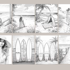 Op de afbeelding: Een set van acht zwart-wit illustraties met strandscenes. De illustraties bevatten een fiets op het strand, een vrouw die op een rots zit, een tent op het strand, een vrouw die over het strand loopt, een vrouw met een hoed, vier surfplanken, palmbomen en een houten brug.