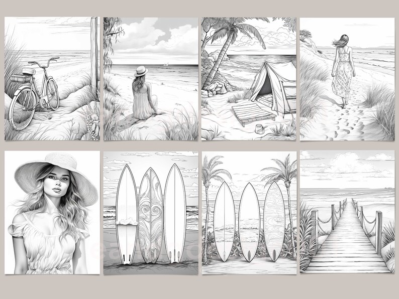 Op de afbeelding: Een set van acht zwart-wit illustraties met strandscenes. De illustraties bevatten een fiets op het strand, een vrouw die op een rots zit, een tent op het strand, een vrouw die over het strand loopt, een vrouw met een hoed, vier surfplanken, palmbomen en een houten brug.