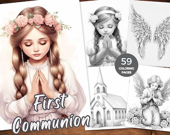 First Communion Coloring Book Grayscale 1st Holy Communion Coloring Instant Download Printable PDF Christening Coloring Religious Ceremony