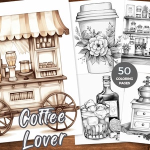 Coffee Lover Kleurboek Grijstinten Koffie Kleurplaten Instant Download Afdrukbare PDF Ontspannende Stress Koffie Kar Coffeeshop