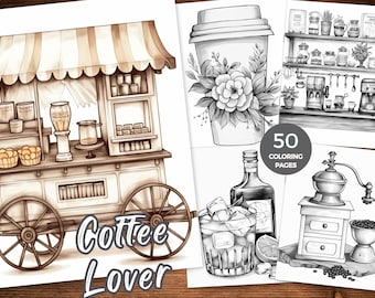 Coffee Lover Coloring Book Grayscale Coffee Coloring Pages Instant Download Printable PDF Relaxing Stress Relief Coffee Cart Coffee Shop