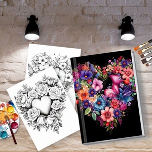 K&ouml;nnte beinhalten: Zwei Schwarzwei&szlig;-Malvorlagen mit floralen Herzmotiven. Eine dritte Seite zeigt ein farbenfrohes florales Herzmotiv auf schwarzem Hintergrund. Eine Farbpalette und Pinsel sind ebenfalls im Bild enthalten.