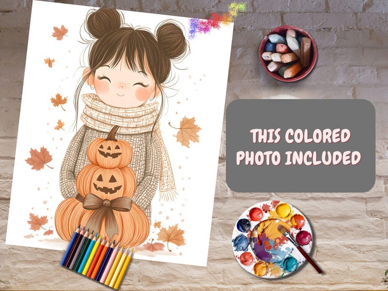 Op de afbeelding: Illustratie van een lachend meisje met twee knotjes, gekleed in een trui en sjaal, met een stapel pompoenen. Herfstbladeren en kleurpotloden zijn verspreid rond de afbeelding. De tekst "THIS COLORED PHOTO INCLUDED" wordt weergegeven.