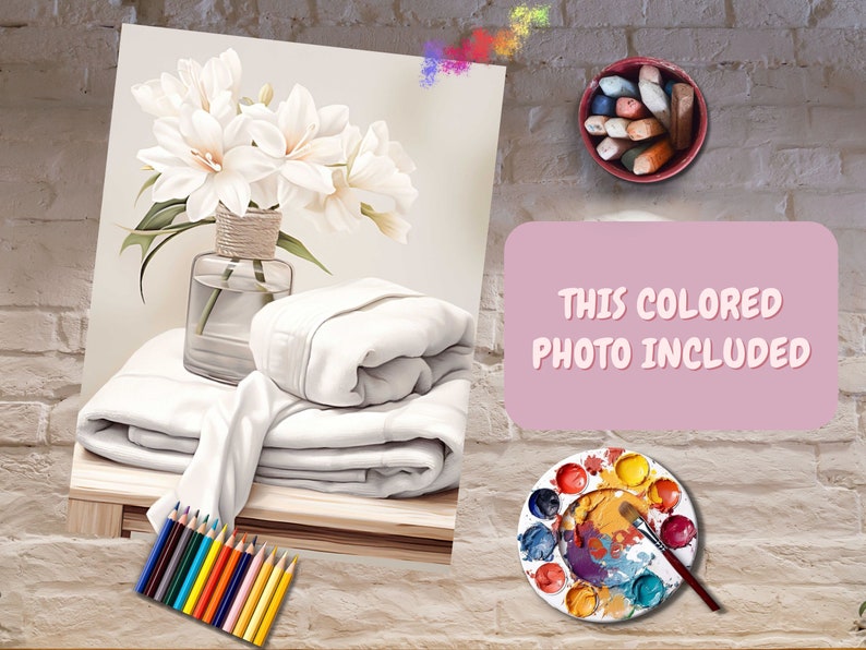 May include: A painting of white flowers in a vase on a table with a stack of white towels. The painting is surrounded by a brick wall with a paint palette, colored pencils, and a container of colored chalk.