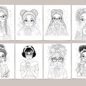 May include: Eight black and white illustrations of young women with glasses, each holding a beverage with a straw. The women have different hairstyles, including braids, buns, and curly hair, and wear various tops and headbands. The drawings are in a coloring book style.