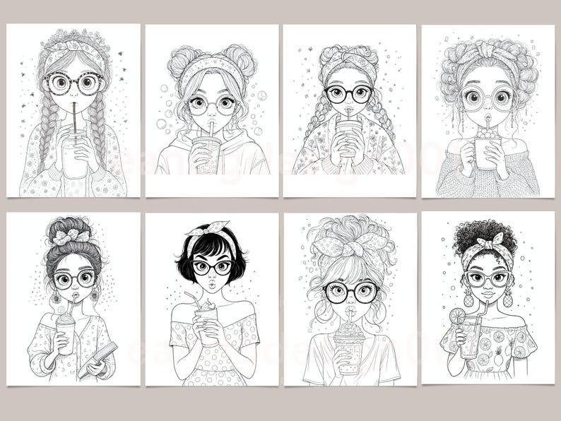 May include: Eight black and white illustrations of young women with glasses, each holding a beverage with a straw. The women have different hairstyles, including braids, buns, and curly hair, and wear various tops and headbands. The drawings are in a coloring book style.