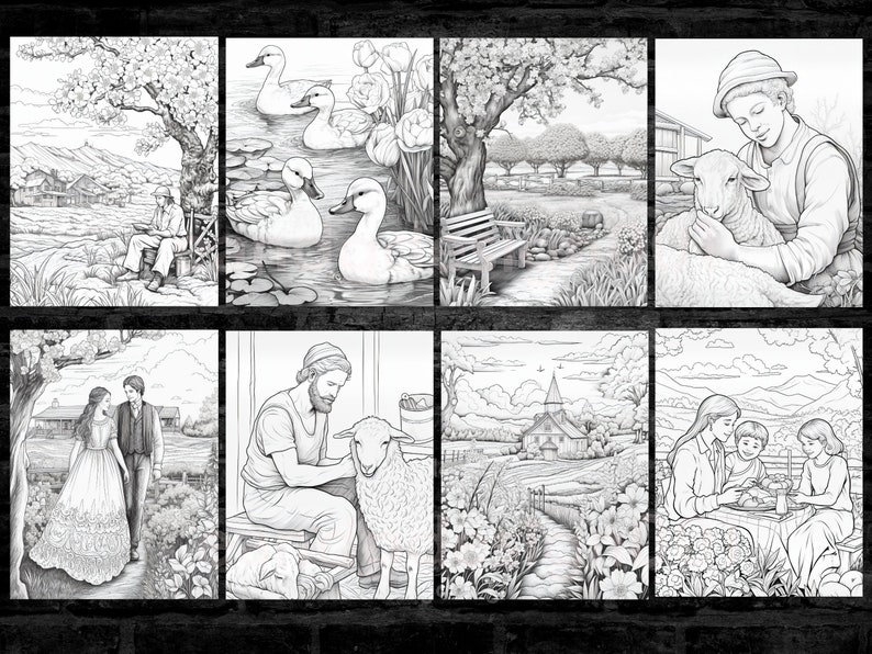 May include: A black and white illustration of a series of scenes depicting a rural countryside. The scenes include a couple sitting on a bench, a man and a woman walking, a man petting a sheep, a church, and a family having a picnic.