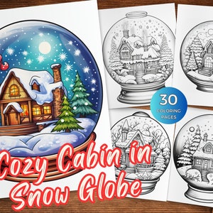 Gemütliche Hütte in Schneekugel Ausmalbilder für Erwachsene und Kinder Winter Graustufen Malbuch Weihnachten Malvorlagen PDF Winterwunderland