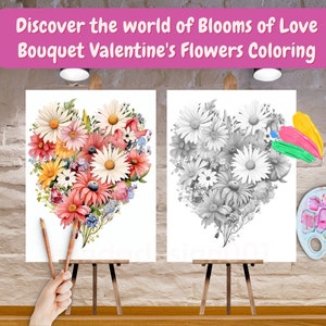 K&ouml;nnte beinhalten: Eine Malvorlage mit einem Blumenstrau&szlig;, der in Form eines Herzens angeordnet ist. Die Blumen sind in Schwarzwei&szlig;, und rechts im Bild befindet sich eine Farbpalette mit Pinseln. Der Text "Discover the world of Blooms of Love Bouquet Valentine's Flowers Coloring" befindet sich oben im Bild.