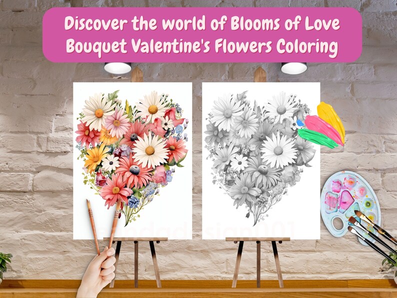 K&ouml;nnte beinhalten: Eine Malvorlage mit einem Blumenstrau&szlig;, der in Form eines Herzens angeordnet ist. Die Blumen sind in Schwarzwei&szlig;, und rechts im Bild befindet sich eine Farbpalette mit Pinseln. Der Text "Discover the world of Blooms of Love Bouquet Valentine's Flowers Coloring" befindet sich oben im Bild.