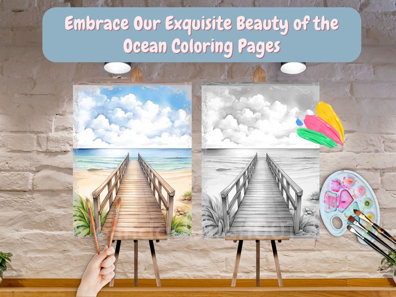 Op de afbeelding: Een houten ezel met twee doeken. Het linker doek toont een kleurenbeeld van een houten pier die naar de oceaan leidt met een blauwe lucht en witte wolken. Het rechter doek toont een zwart-witbeeld van dezelfde sc&egrave;ne. Een palet met kwasten en een paar verfspatten bevinden zich aan de rechterkant van de afbeelding. De tekst "Embrace Our Exquisite Beauty of the Ocean Coloring Pages" staat bovenaan de afbeelding.