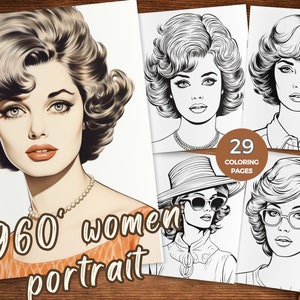 1960s women portrait coloring pages Creative coloring of retro women Coloring the Beauty of 1960s Women Grayscale coloring book Portraits