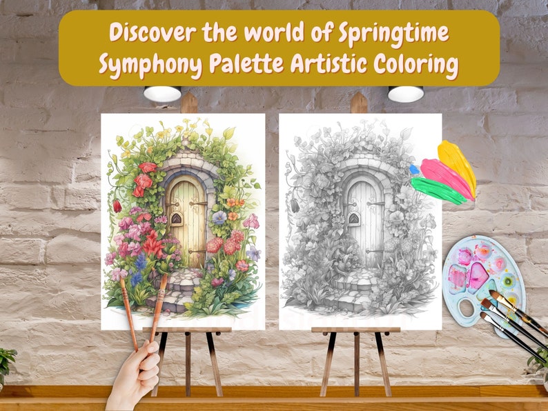 May include: A painting on an easel of a stone doorway with a wooden door, surrounded by lush greenery and flowers. The painting is in color, while a second easel shows a black and white version of the same image. A paint palette and brushes are also shown.