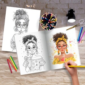 May include: A coloring book with illustrations of a woman wearing glasses and a headscarf, holding a drink. The book is open to a colored illustration and a black and white sketch. Colored pencils, scissors, and a lamp are on the table.