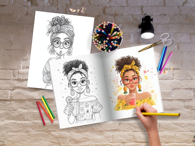 May include: A coloring book with illustrations of a woman wearing glasses and a headscarf, holding a drink. The book is open to a colored illustration and a black and white sketch. Colored pencils, scissors, and a lamp are on the table.