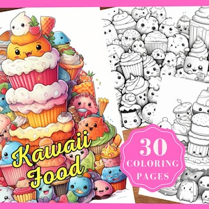 30 Kawaii Food Coloring Page Book,Instant Download,Printable PDF,Adults, Kids, Stress Relief,Mindfulness, Digital Download, Mental Health
