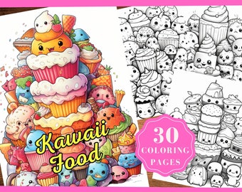 30 Kawaii Food Coloring Page Book,Instant Download,Printable PDF,Adults, Kids, Stress Relief,Mindfulness, Digital Download, Mental Health