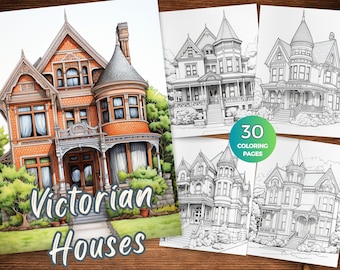 Páginas para colorear de la Casa Victoriana para adultos descarga instantánea Arquitectura histórica libro para colorear en escala de grises Hojas para colorear de la casa imprimibles