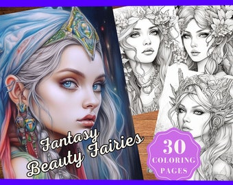 30 libri da colorare per ragazze fatate da sogno per adulti e bambini, Fate della bellezza fantasy, Download istantaneo, Colorazione in scala di grigi, PDF stampabile