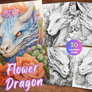 Flower Dragon fantasy Coloring Page Book Instant Download Printable Dragons in Bloom coloring book Mystical Dragon Grayscale coloring sheets