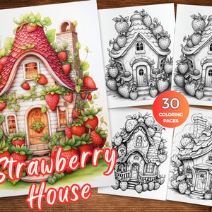 Adorable Strawberry House coloring pages for adults instant download Sweetness strawberry houses grayscale coloring book strawberry coloring